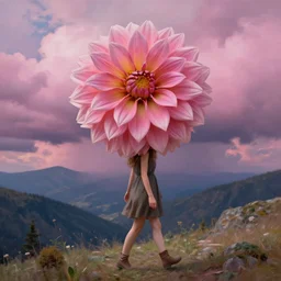 giant dahlia flower crown head on girl walking on mountain, surreal photography, pink storm clouds, dramatic light, impressionist painting, digital painting, artstation, simon stalenhag