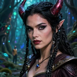 a close - up of a beautiful succubus necromancer from magic the gathering, lord of the rings, and star trek ( ( ana de armas ) ) in a bioluminescent ancient dark forest, greg rutkowski, 8 k, shallow depth of field, intricate detail, concept art,