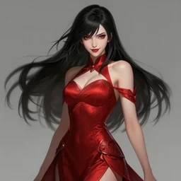 a highly detailed illustration of hime cut black haired woman wearing red dress, dramatic smiling pose, intricate, elegant, highly detailed, centered, digital painting, artstation, concept art, smooth, sharp focus, league of legends concept art, wlop