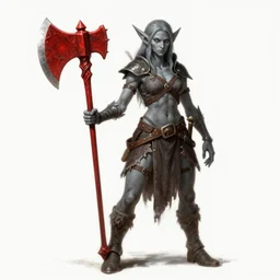 grey skinned female gnome with an oversized red battleaxe, pointy nose, lanky, d & d, fantasy, highly detailed, digital painting, trending on artstation, concept art, sharp focus, illustration, global illumination, shaded, art by artgerm and greg rutkowski and fuji choko and viktoria gavrilenko and hoang lap