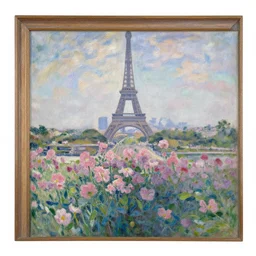 a painting of the flowers in champs elysees with the eiffel tower in the background by claude monet
