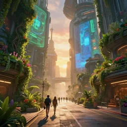 pedestrian view of a sprawling futuristic city street inside a massive space station with overgrown lush gardens, rich vines and verdant flowers. ilm, beeple, star citizen halo, mass effect, 2001 space odyssey, elysium, iron smelting pits, huge green blue holograms, warm saturated colours, atmospheric perspective, dramatic sunset, volumetric light scattering, dustlight, god rays, dust