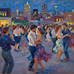 renoir painting impressionist exhibition. vivacious joyful atmosphere popular dance new york rooftop twilight. the study of the moving crowd, bathed natural and artificial light, handled using vibrant, brightly coloured brushstrokes. a somewhat blurred impression scene. portrayal popular millenial life. foreground in shadow. 8 5 mm lens. focus. perspective. skyline background. city lights.
