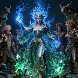 the female arcanist and the male artificer by zacharias aagaard and albert bierstadt and brom and zdzisław beksinski and greg staples and wayne barlowe, beautiful, flowing magical robe, highly detailed, hyperrealistic, intricate, energy, electric, blue flame, low light, green crystal, high contrast, submission, resolute, lifelike