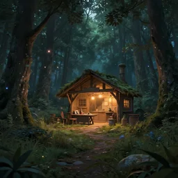 A landscape with a quiet tavern in the middle of a forgotten magical forest, magical particles, warm lighting, inviting, enchanting, rendered by simon stålenhag, rendered by Beeple, Makoto Shinkai, syd meade, environment concept, digital art, unreal engine, 3 point perspective, WLOP, trending on artstation, low level, 4K UHD image, octane render,