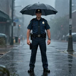 a policeman standing in the rain, concept art by james paick, cgsociety, antipodeans, reimagined by industrial light and magic, concept art, artstation hd