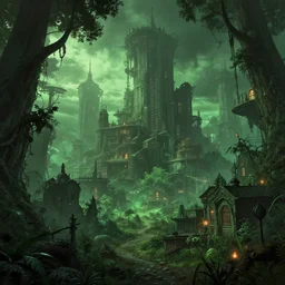 beautiful lovecraftian city of the future, trees, green ambient light, dusk, trending artstation
