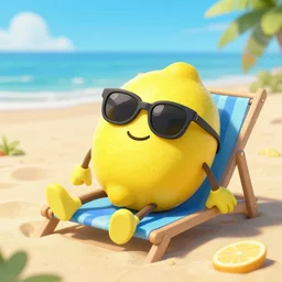 a lemon character wearing sunglasses relaxing on the beach
