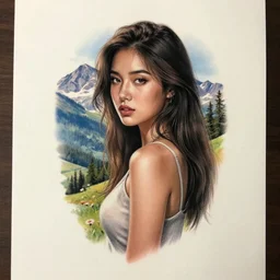 tattoo design sketch of a beautiful girl at beautiful mountain scenery, hyper realistic