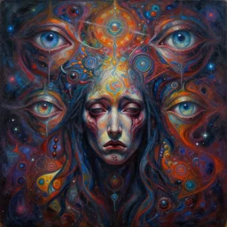 oil painting, painful rage abstract surrealist forms, by yvonne mcgillivray, by mandy jurgens, by michael divine, powerful eyes glowing highly detailed painting of l sadness alone, spiritual abstract forms, symmetrical, trending on art station, abstract emotional rage, fantasy digital art, highly detailed patterned visionary art, magic symbols, by michael divine, cosmic nebula