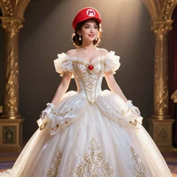 a woman cosplaying nintendo mario in an opera gown
