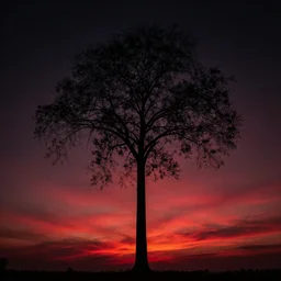lonely tall banyan tree, sunset, black sky with red clouds