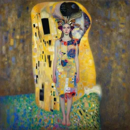 full body shot portrait of beautiful girl by irakli nadar oil paint and acrylic, dried meat headdress, abstract impressionism, ruan jia, fantasy, hyper detailed, concept art, by gustav klimt,