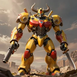 a muscular, threatening, yellow and red humanoid robot with large horns. It has a gun in one hand and a knife in the other