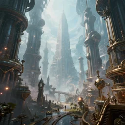 inside an etheral steampunk city, highly detailed, 4k, HDR, award-winning, octane render, trending on artstation, volumetric lighting