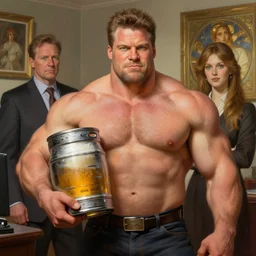 gigachad ron swanson bodybuilder holding a keg of beer in final fight office by ilya kuvshinov, ernest khalimov body by krista sudmalis, fantasy character portrait, ultra realistic, concept art, intricate details, elegent, digital painting, smooth, sharp focus, illustration, art by artgerm and greg rutkowski and alphonse mucha, artstation