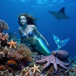 cinematic photograph of a mermaid by tim walker and wes anderson, in the ocean, deep blue colours, lots of detail, fine facial features, coral reef, sea anemones, starfish, fish, octopus, stingray