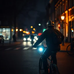 highly realistic photo, ambient lighting, dark colors, depth of field, dutch guy on bike