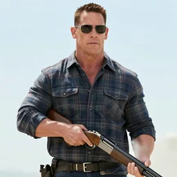 film still of John Cena as Nada wearing a flannel shirt and sunglasses and holding a shotgun with a bandolier in Bank scene with a marble pillar behind him and a hanging american flag on a pole in They Live 1988