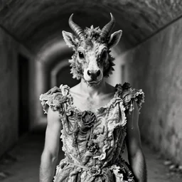 high realistic photo portrait of a man with a taxidermic meat mask and elaborate flesh dress in a liminal space style tunnel, early black and white 8mm, heavy grain, high quality,