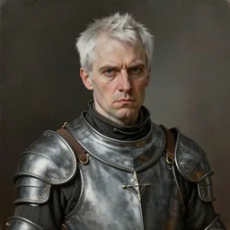 portrait painting of a sarcastic man with short white hair wearing a grey pelt gambeson, late 3 0 s. sharp focus, award - winning, trending on artstation, masterpiece, highly detailed, intricate. art by james ryman