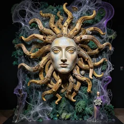 a surreal sculpture titled'the parametric decisions of a fishes strange life made by soft thick flesh and burning wooden stick constructions - the clock of medusa'by salvador dali and max ernst and picasso, dramatic lighting, organic, hyperdetailed, vibrant gold silver deep green purple, intricate fractal strands drape vegetation, glistening gossamer quantum soup film clings to everything