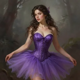 brunette fairy woman, wearing purple corset and tutu, d & d, fantasy, highly detailed, digital painting, trending on artstation, concept art, sharp focus, illustration, art by artgerm and greg rutkowski and magali villeneuve