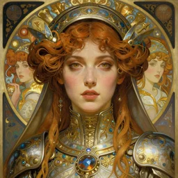 realistic detailed face portrait of a beautiful futuristic priestess in opulent alien mythic armor by alphonse mucha, ayami kojima, amano, greg hildebrandt, and mark brooks, female, feminine, art nouveau, aetherpunk, neo - gothic, gothic, character concept design