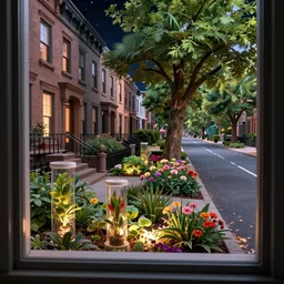 brownstone residential landscape lined up in a straight line like the background of pixar animation, a two - lane road, flowers in a flower bed, a big tree by the side of the road, and a warm and comfortable atmosphere, perspective view, 4 k imax, lit from below, plant forest in glass tubes, underlight, moody iconic scene, a window frame into space 3 d animation background