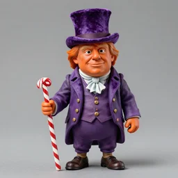 maquette sculpture of donald trump as willy wonka, he is wearing a victorian era purple jacket and pants, and a velvet purple top hat over his long orange hair. he is holding a candy cane colored cane. his skin is an orange color like an oompa loompa. in the style of sideshow collectibles, highly detailed sculpture