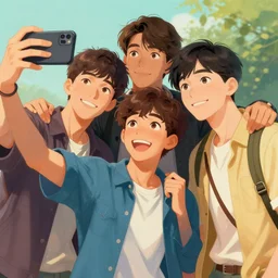 a detailed colorful illustration of three boys posing for a selfie by jamie hewlett and timothy kong, trending on artstation