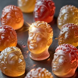 a lot of candies in the form of human heads