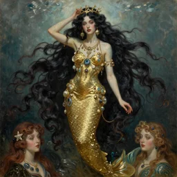 a beautiful dark androgynous mermaid, pinup pose, long hair, tall and thin, wearing dozens of pendants and a gown of gold, small delicate crown of the sea on her head, illustration, dramatic lighting, soft details, painting oil on canvas, art nouveau, octane render, HDR, 4k, 8k, HD, by Edmund Blair Leighton, Brom, Charlie Bowater, j.c. Leyendecker, faces by otto schmidt