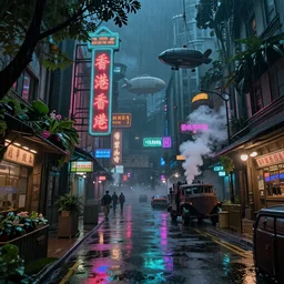 steampunk hong kong city street at night, neon signs, rain and reflections on the ground, art deco architecture, movie concept art, lush vegetation, trees, flowers, steam, smoke, junk, air ships, octane render, photo realistic, highly detailed, trending on artstation