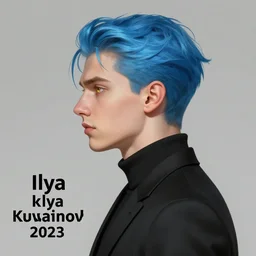 side profile of ilya kuvshinov with, sky blue hair, gold hazel eyes, high collar, black jacket, professional digital painting, concept art, award - winning photography, cinematic, stained glass window, wlop, art by pixiv art, yoshitaka amano, junki ito