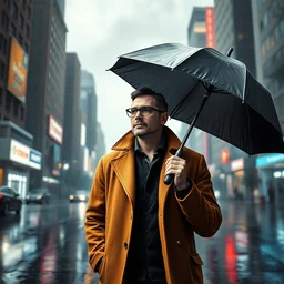 a man with a coat dress with a glasses holding a umbrella in the middle of a raining city, unreal 5, hyperrealistic, realistic, photorealistic, dynamic lighting, highly detailed, cinematic landscape, studio landscape, studio lighting