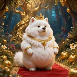 Dog deity, fat figure,Cute, elegant, furry, white, gold, warm, wearing a crown, bracelets and necklaces, red carpet, figure, realistic, hair detailing, background is heavenly,wonderland at night, The light in the deep forest full of mythical creatures of the picture, according to European art, Golden Sacred Tree, Golden Apple, Flower Garden,Hyper realistic render. Den noise. Volumetric Lighting. Dynamitc Lighting. Unreal Engine. octane. Hyper Cinematic lighting