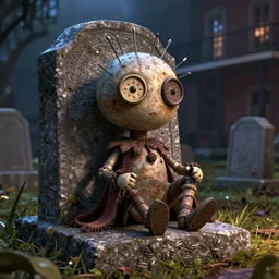 ominous voodoo doll with button eyes with pins in head sitting on a gravestone in New Orleans, as Pixar character in an animated movie, horror, volumetric lighting, Coraline dark fantasy