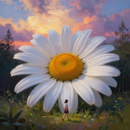 giant daisy flower head, girl walking in a forest, surreal photography, sunrise, dramatic light, impressionist painting, colorful clouds, digital painting, artstation, simon stalenhag