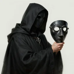 a man in black hooded robes holding a plague doctor mask in hand, detailed art by greg rukowtski