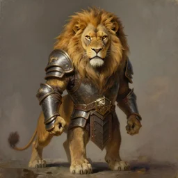 portrait of a regal lion humanoid, leonin!!, large beautiful mane, wearing armor, angry, full body, realistic, kodachrome, dungeons and dragons, painting, digital art