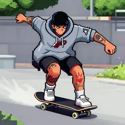 a bad dude with rad tattoos, in a hoodie skating, ps 2 graphics