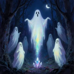 ghosts monsters. tall tall dancing ghouls at midnight in the forest. at night. crescent moon night sky. thomas kinkade. digital painting. marc simonetti. dancing ghost ghoul. michael whelan. mysterious rainbow crystal glow. greg rutkowski. scary. creepy. artstation.