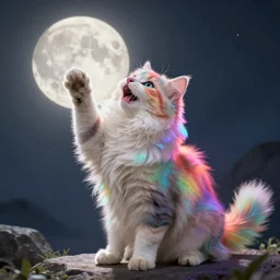 of a full body wide of very proud fluffy rainbow kitten howling at moon with a glowing rainbow aura, digital art,