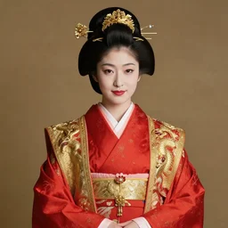 portrait of attractive japanese woman wearing regal ceremonial attire, gold trimmings, red dress, intricate details, red dress, ultra - realistic, studio lighting, editorial photography by greg rutkowski