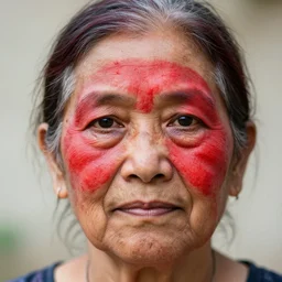 Elderly woman with black eyes covered in red paint,