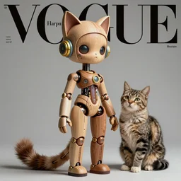 a cat and a beautiful jointed wooden art doll, super dollfie, biopunk, solarpunk, mecha, feminine curves, wood and fur, surreal, dan mumford, beeple, fashion magazine, vogue, harper's bazaar art, id magazine, intricate, 8 k render in octane, sharp focus, ektachrome