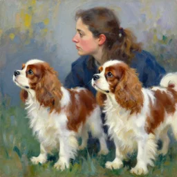 master painting of two caviler king charles spaniels in profile, painterly, impressionistic, greg rutkowski