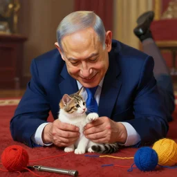 benjamin netanyahu smiling blushing while playing with a kitten on a carpet, lying on carpet, yarn balls, rich vivid colors, warm, sharp, highly detailed, digital painting