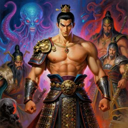 attractive muscular male with armor, tang dynasty, character design, colorful, neon lights, cthulhu, painting by gaston bussiere, craig mullins, j. c. leyendecker, tom of finland